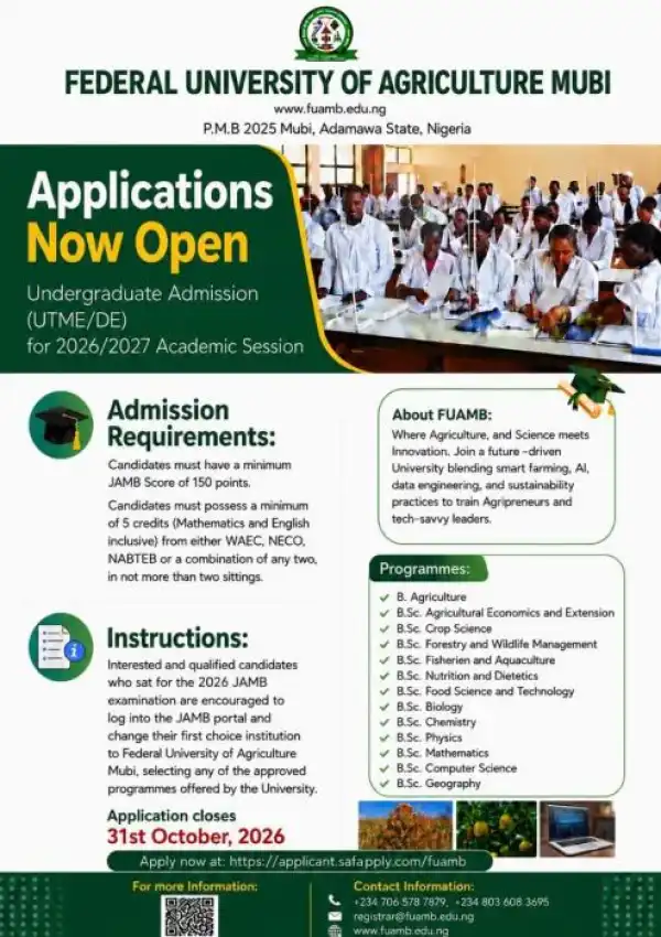 Fed. University of Agriculture, Mubi Post-UTME/DE 2026: Cut-off mark, Eligibility & Registration