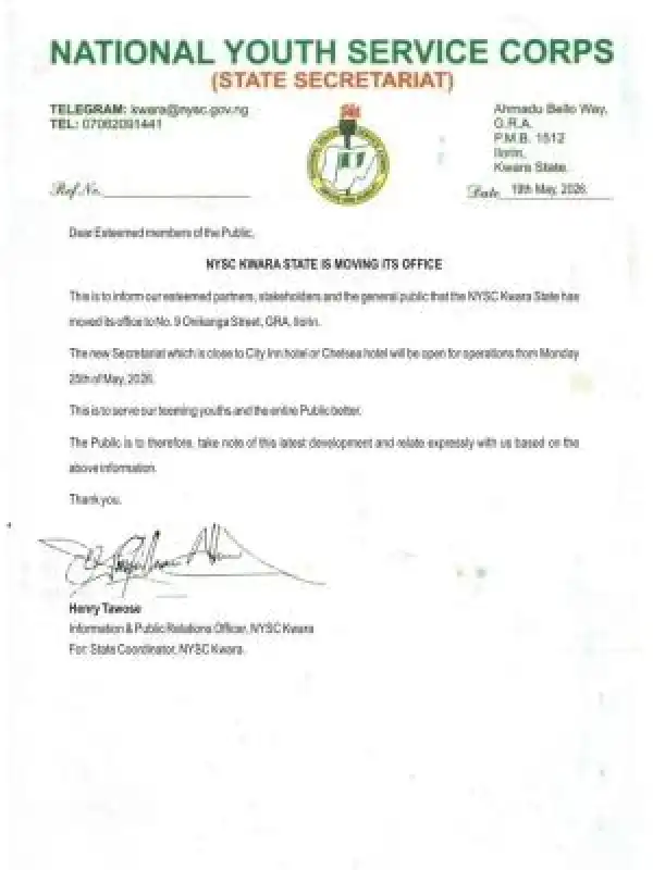 NYSC Kwara State Secretariat announces relocation to new office in Ilorin
