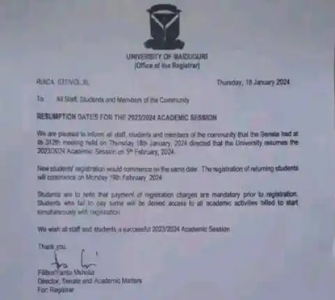 UNIMAID notice of resumption dates for 2023/2024 session