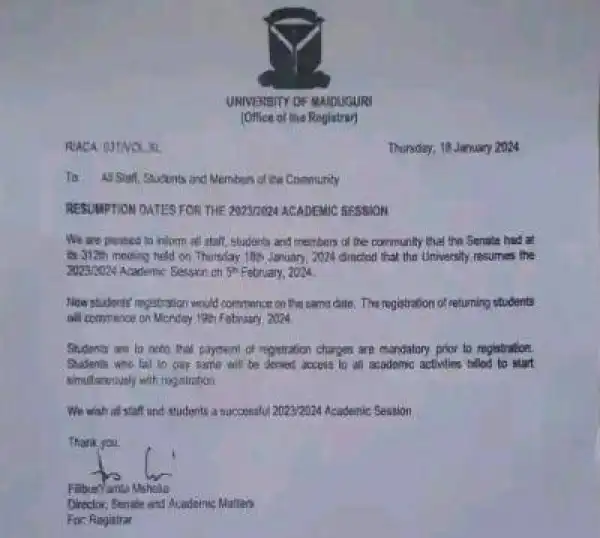 UNIMAID notice of resumption dates for 2023/2024 session