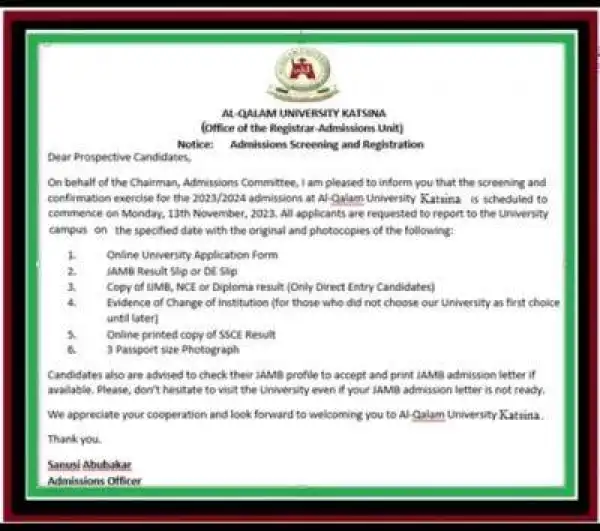 Al-Qalam University, Katsina notice on physical screening & registration for 2023/2024 admission