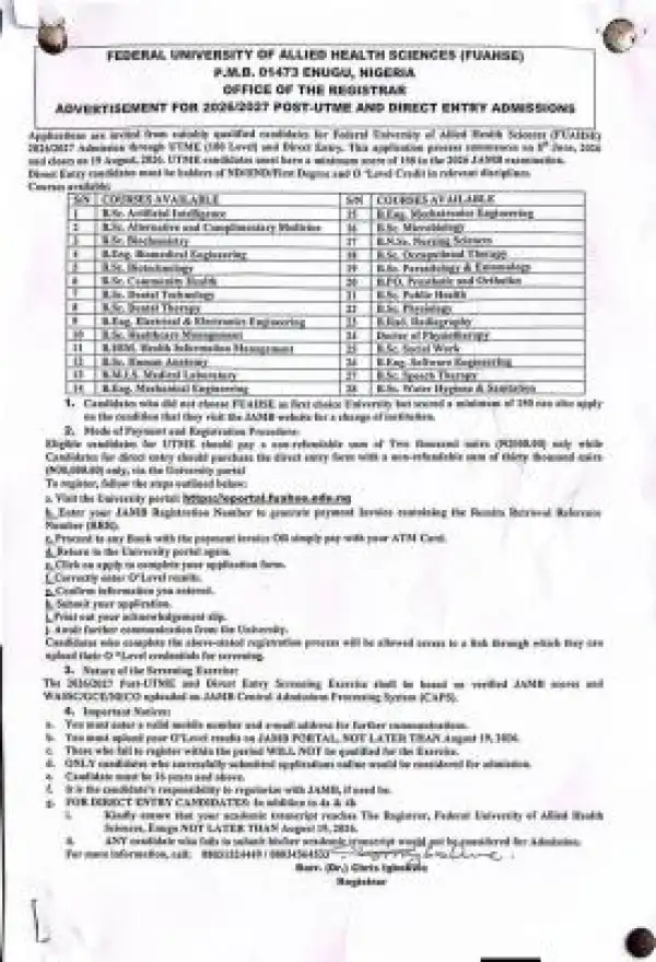 FUAHSE Post-UTME/DE 2026: Cut off mark, Eligibility and Registration Procedures