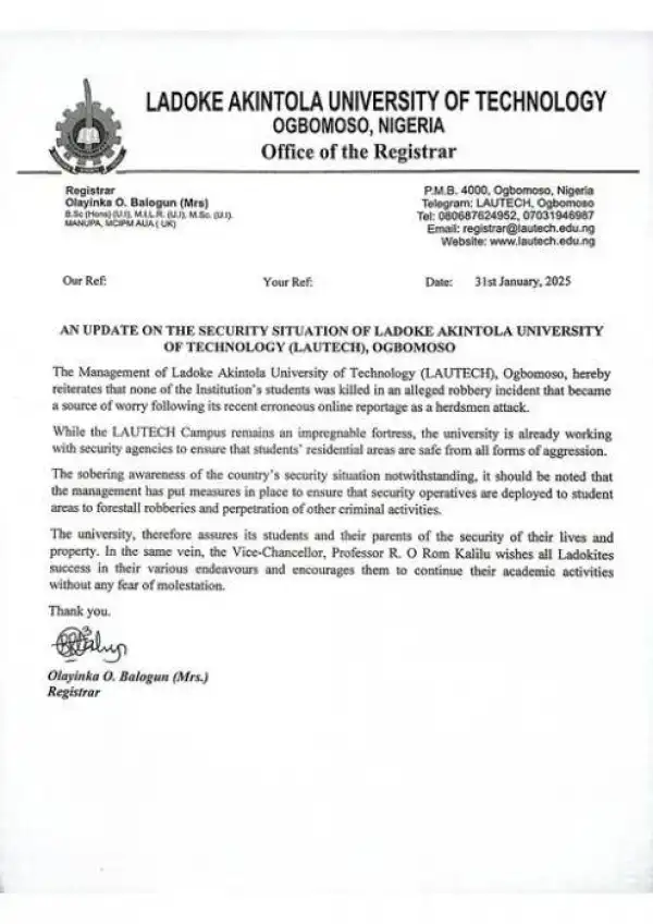 LAUTECH notice on the security situation within the campus