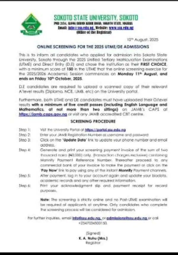 SSU Post-UTME/DE 2025: Cut-off mark, Eligibility and Registration details