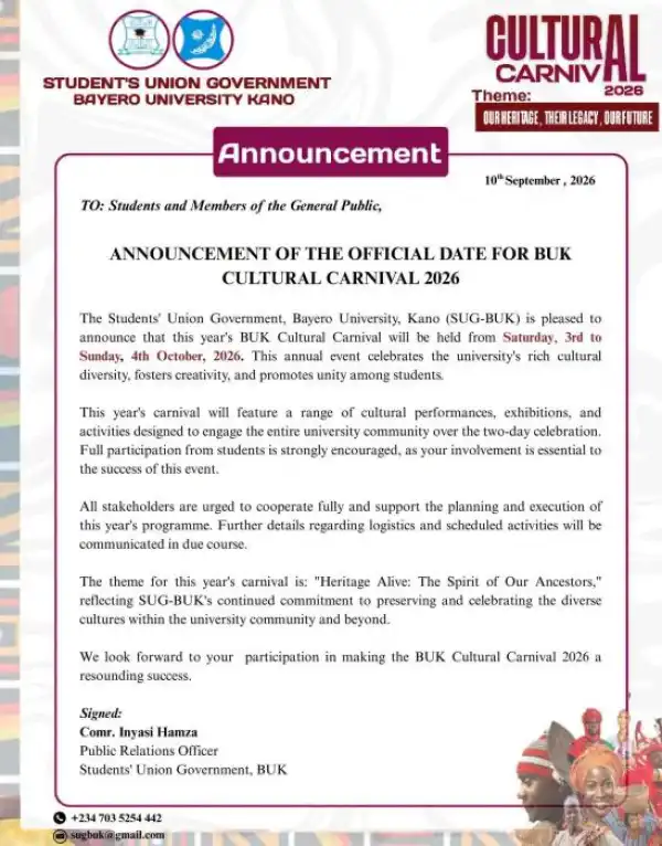 BUK SUG announces date for cultural carnival 2026