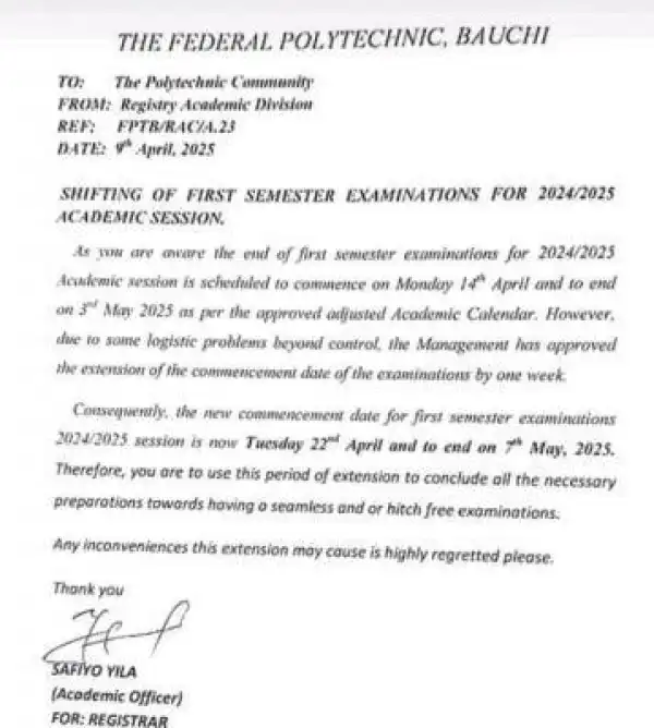 Fed Poly Bauchi shifts 1st semester examinations, 2024/2025