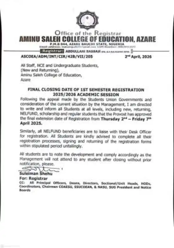 Aminu Saleh College of Education final deadline for 1st semester course registration, 2025/2026