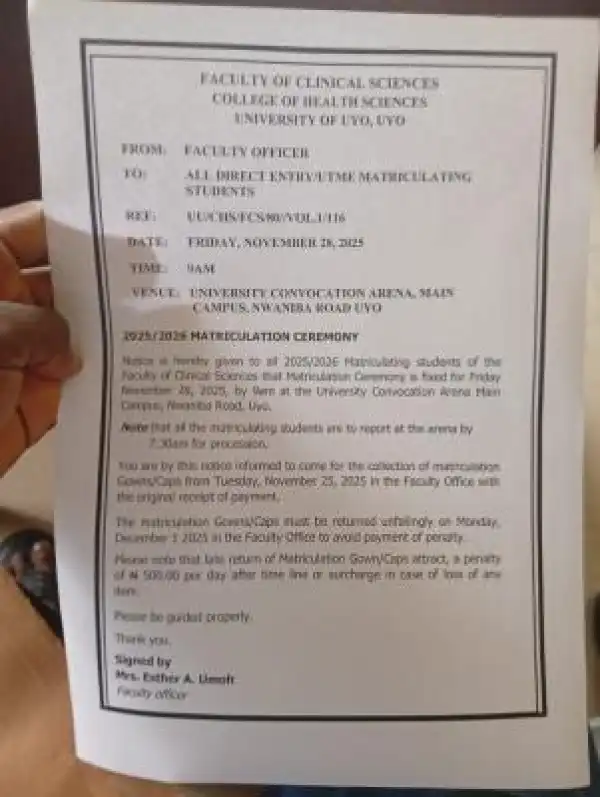 UNIUYO Faculty of Clinical Sciences notice to new students on collection of matriculation gowns