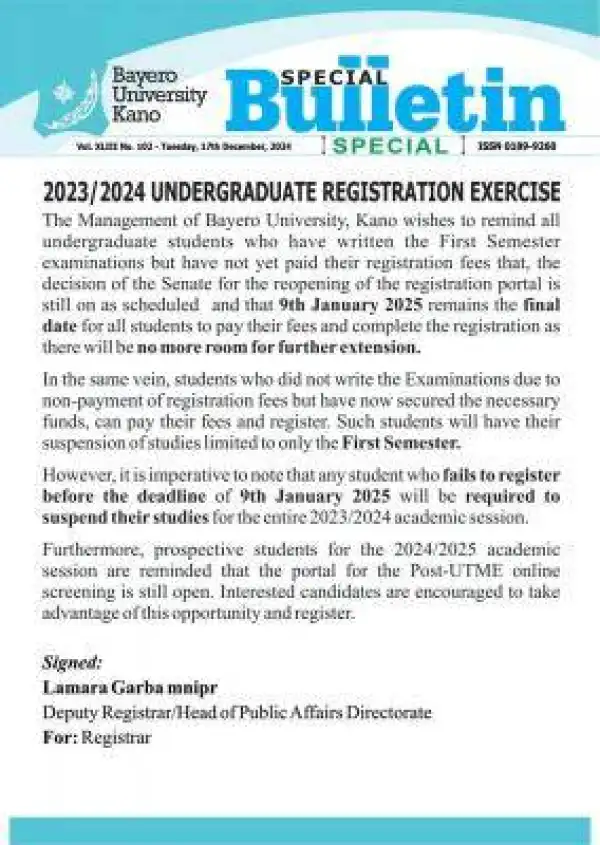 BUK update on undergraduate registration deadline, 2023/2024