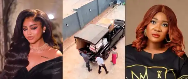 Regina Daniel Overwhelmed As Mercy Johnson Surprises Her With Gifts At New Abuja House