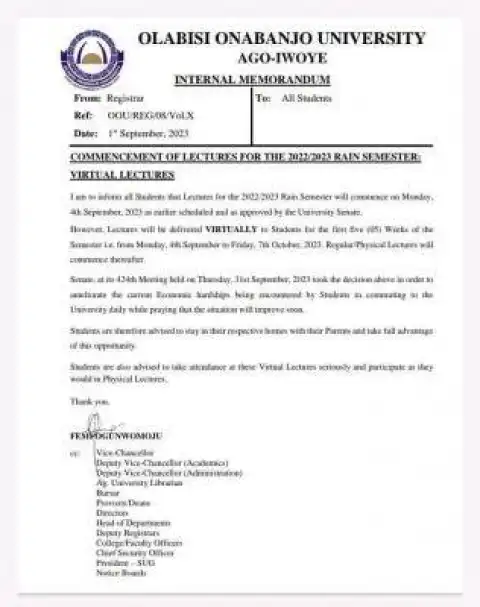 OOU notice on commencement of virtual lectures for rain semester, 2022/2023