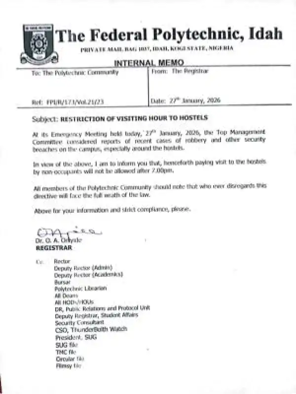 The Federal Polytechnic Idah announces restrictions on hostel visitation