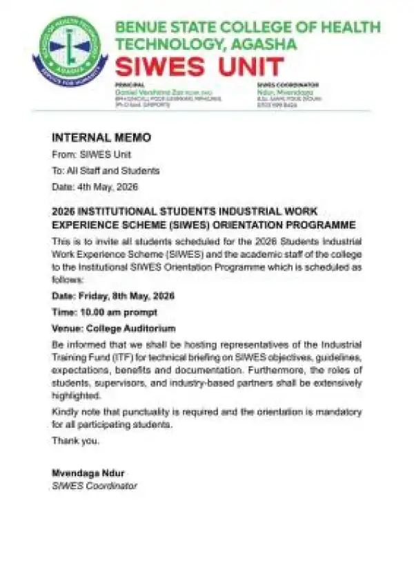 Benue State College of Health Tech. Agasha announces SIWES Orientation for all students