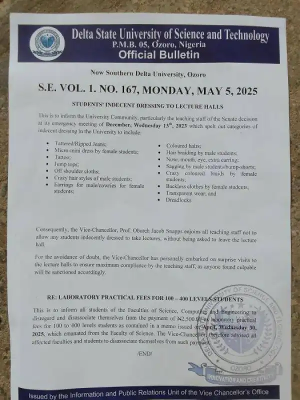 DSUSTECH, Ozoro notice on indecent dressing