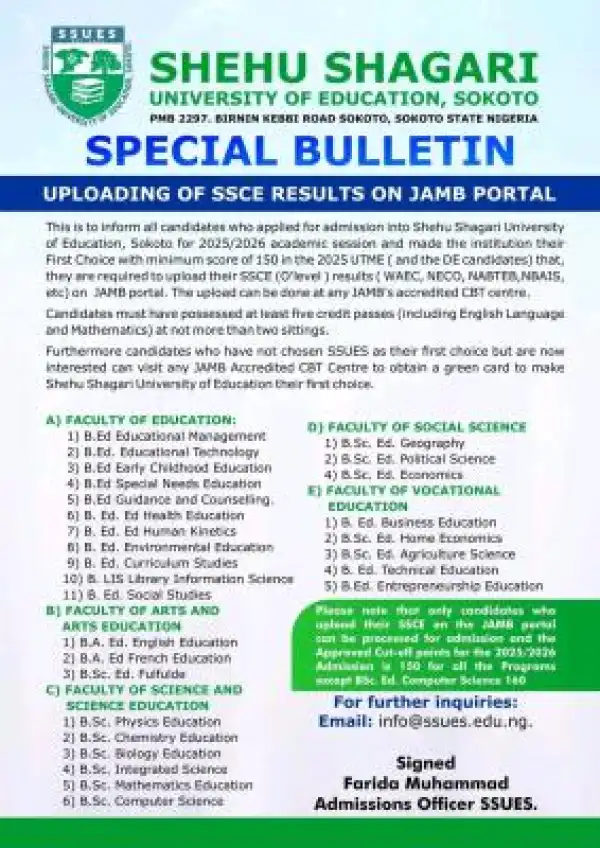 Shehu Shagari University of Education releases Post UTME form, 2025/2026