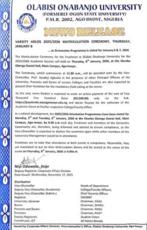OOU announces dates for orientation and matriculation ceremony, 2025/2026
