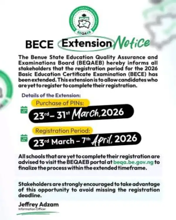 Benue State extends 2026 BECE registration deadline