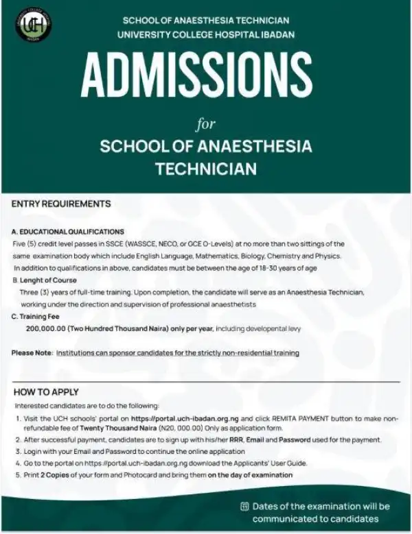 UCH, Ibadan School of Anaesthesia Technician admission form, 2024/2025