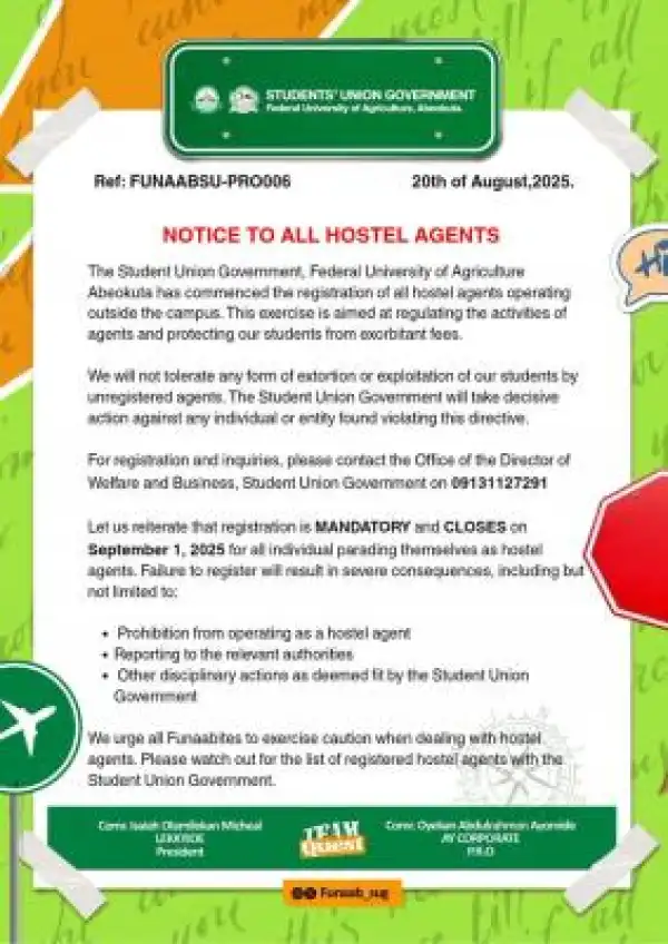 FUNAAB SUG notice to all hostel agents operating outside the campus