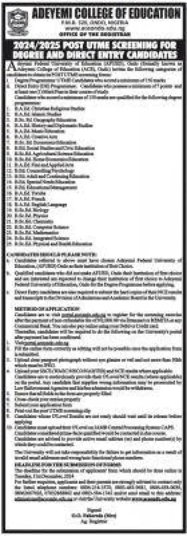 AFUEDONDO Post-UTME 2024: Cut-off mark, Eligibility and Registration Details