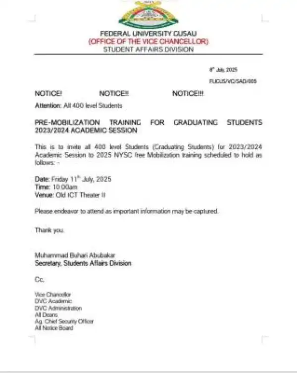 FUGUSAU issues notice to final year students on NYSC pre-mobilisation training