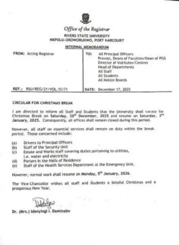 RSUST announces Christmas Break