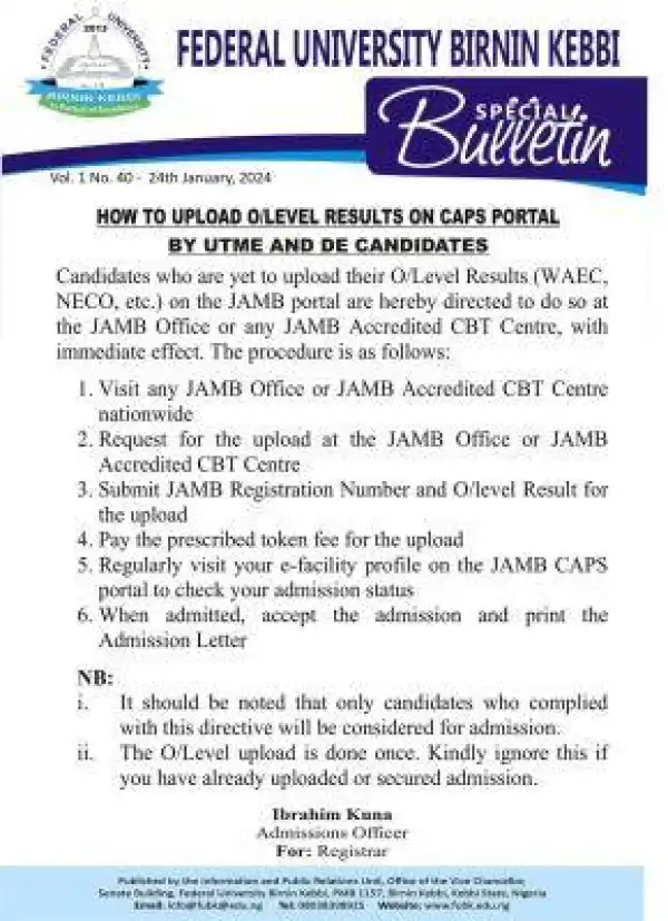 FUBK notice to UTME & DE candidates on uploading of O