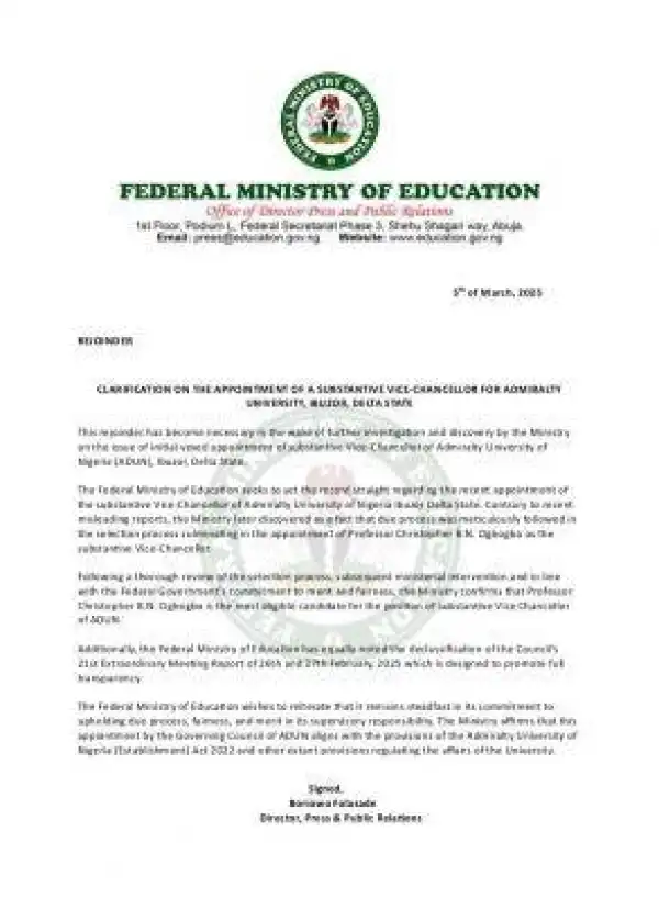 Federal Ministry Of Education clarifies the appointment of Admiralty University VC