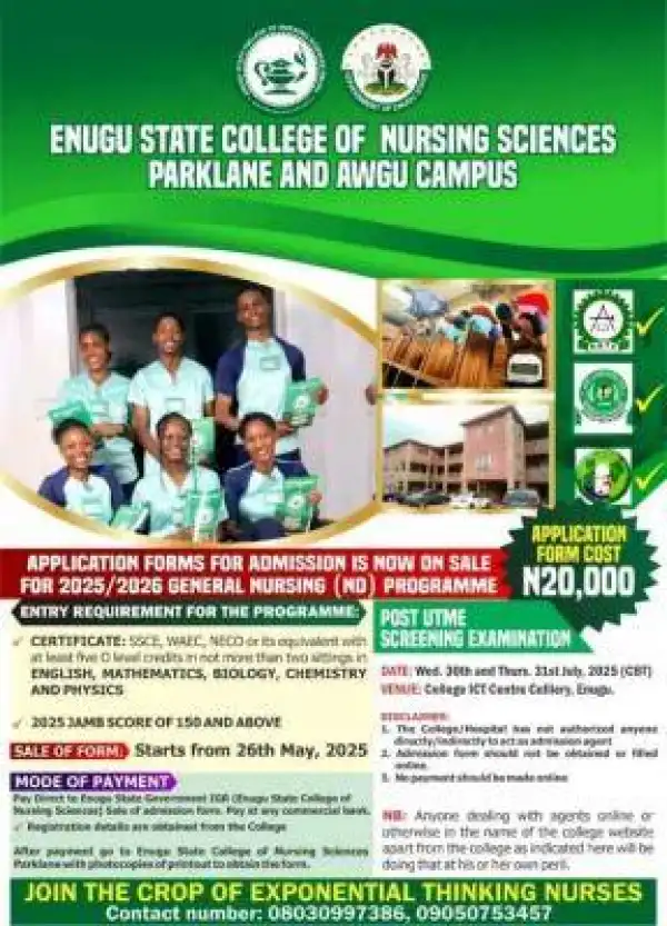 Enugu State College of Nursing Sciences Admission form, 2025/2026