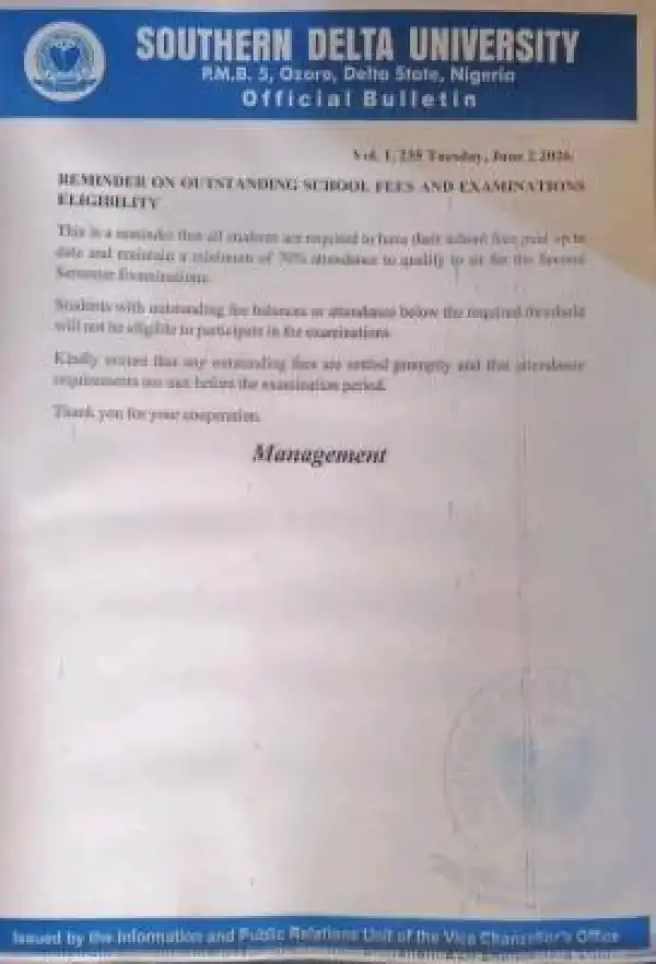 Southern Delta University reminder to students on outstanding school fees & exam eligibility