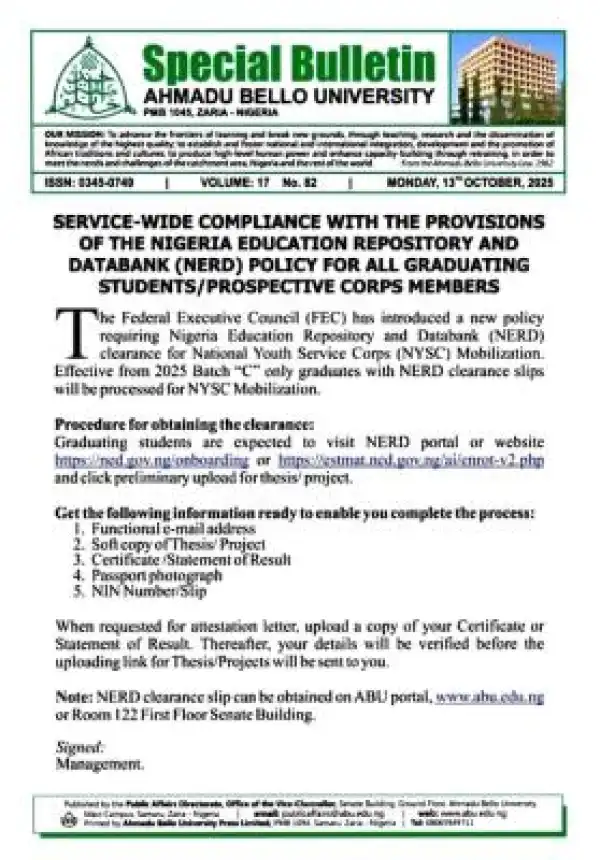 ABU notice to prospective corps members on compliance with NERD policy