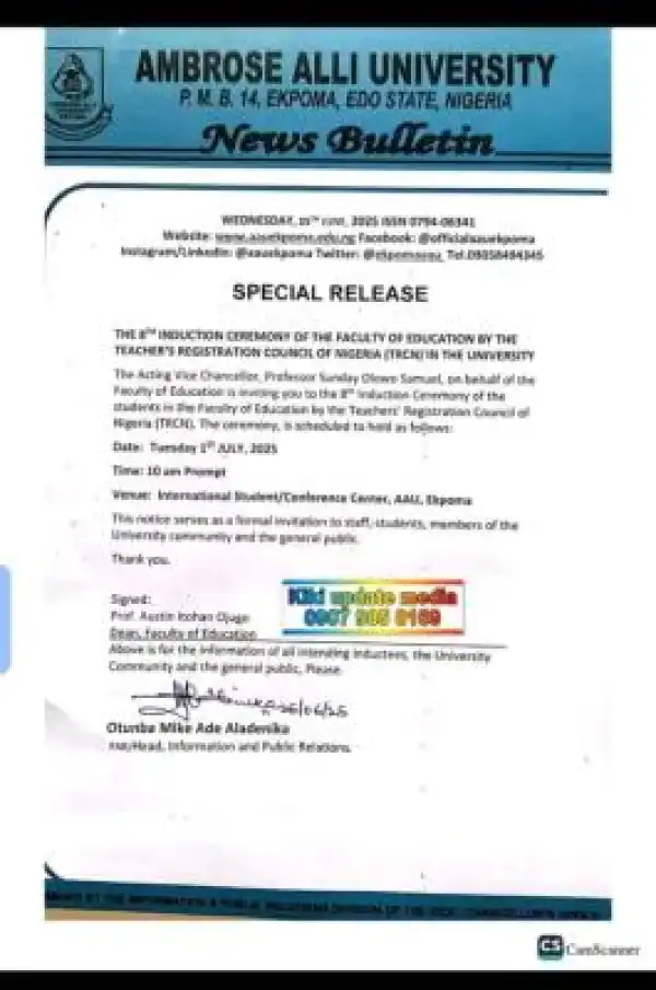 AAU announces 8th TRCN Induction Ceremony for Faculty of Education