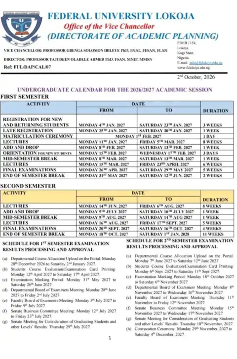FULOKOJA approved academic calendar, 2026/2027