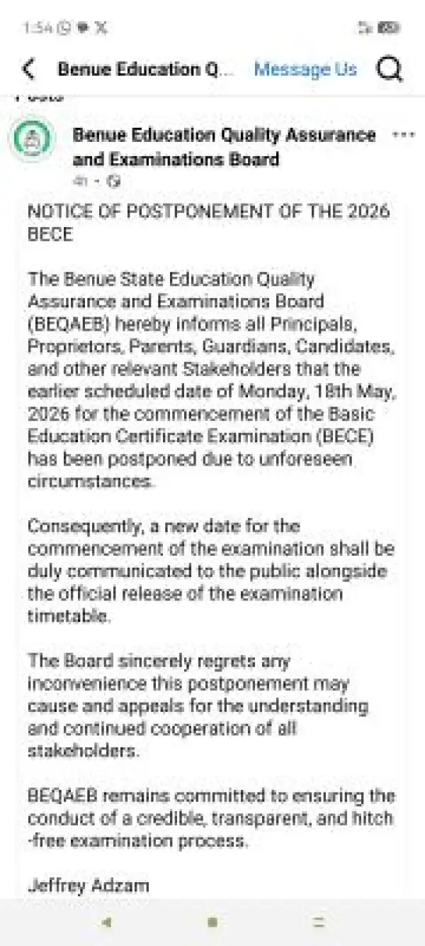 Benue State Education Quality Assurance and Examinations Board postpones 2026 BECE