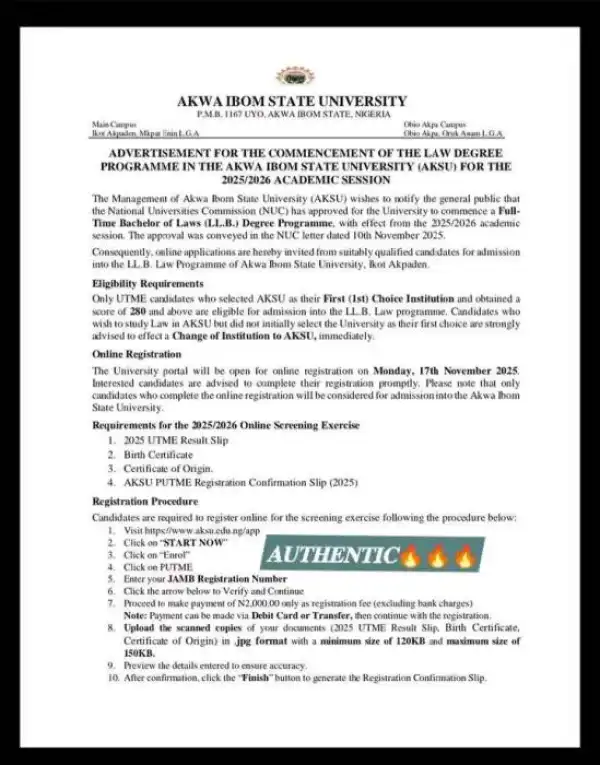 AKSU announces admission into Law Degree Programmes, 2025/2026 Session
