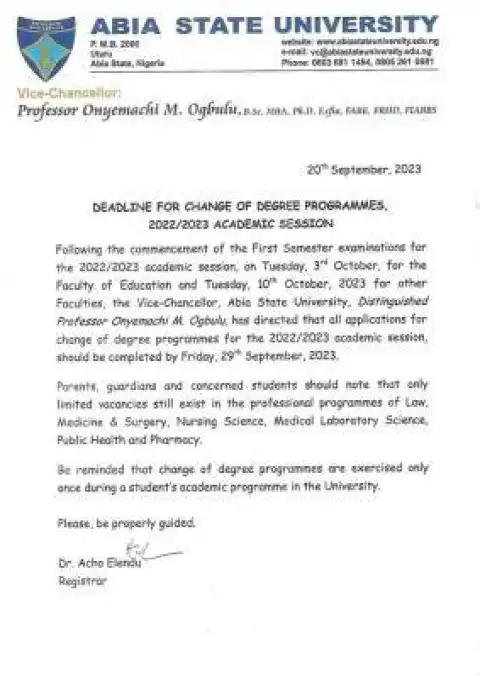 ABSU deadline for change of degree programmes, 2022/2023