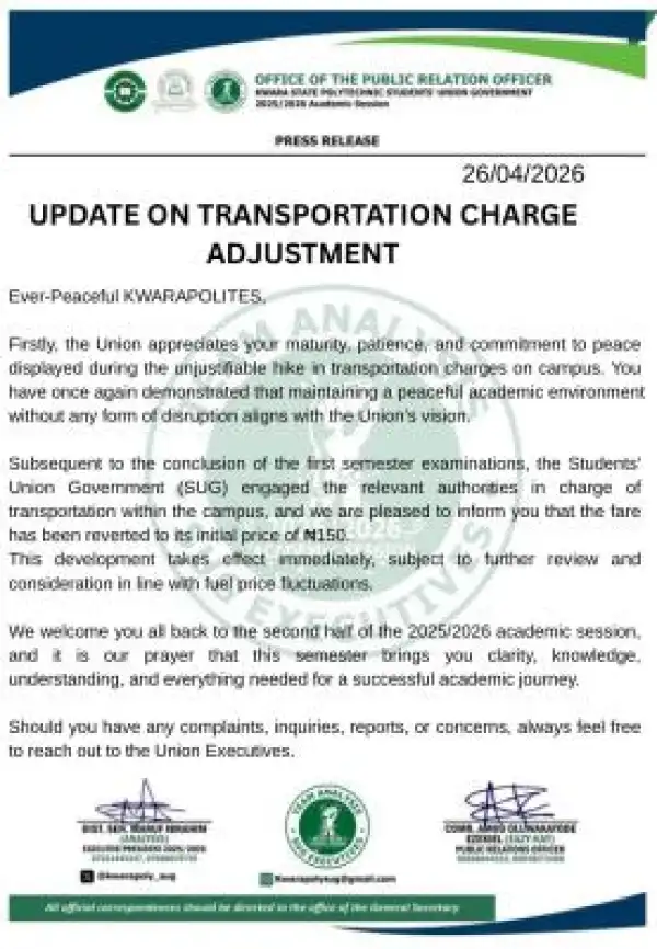 KWARAPOLY SUG gives update on transportation charge adjustment