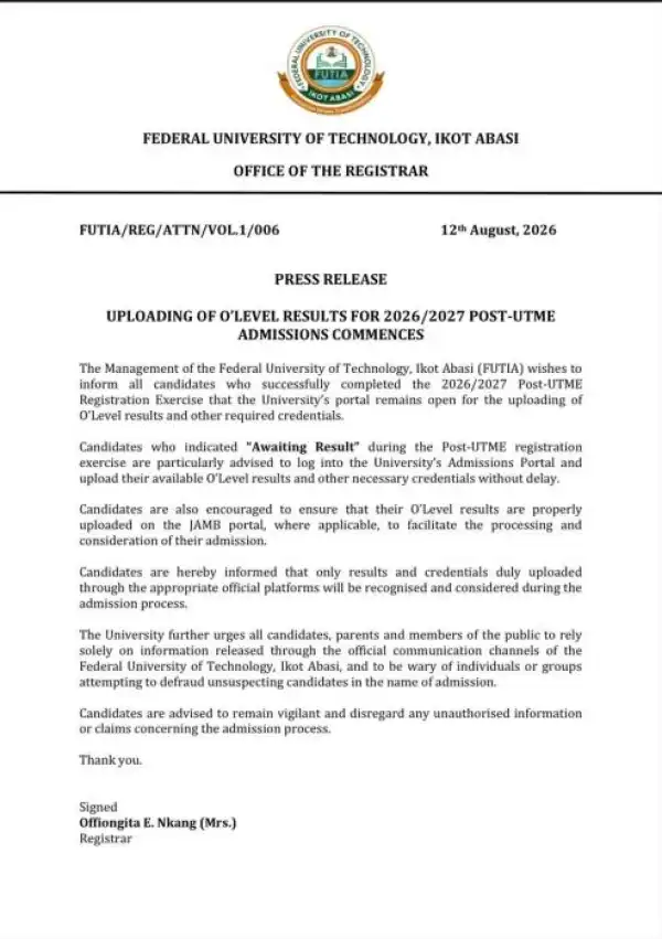FUTIA notice to Post-UTME candidates on upload of O