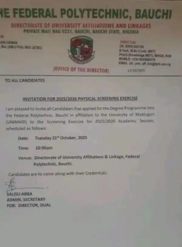 Fed Poly Bauchi announces physical screening for degree programme applicants, 2025/2026