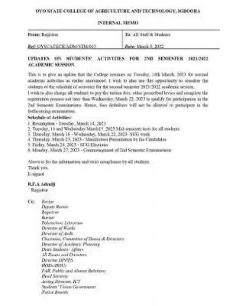 Oyo State College Of Agric & Tech updates on students' activities for 2nd Semester, 2021/2022