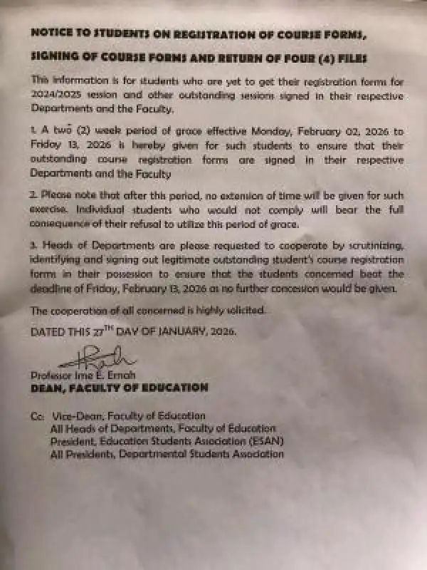UNIUYO Faculty of Education notice to students on final deadline for course registration