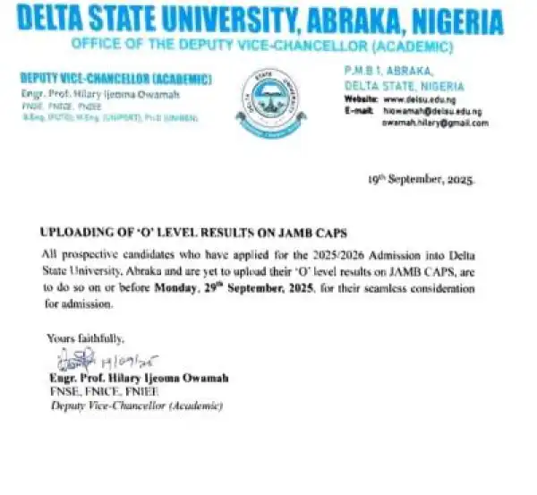 DELSU announces deadline for uploading of O