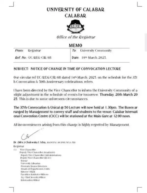 UNICAL announces change of schedule for the 37th convocation lecture