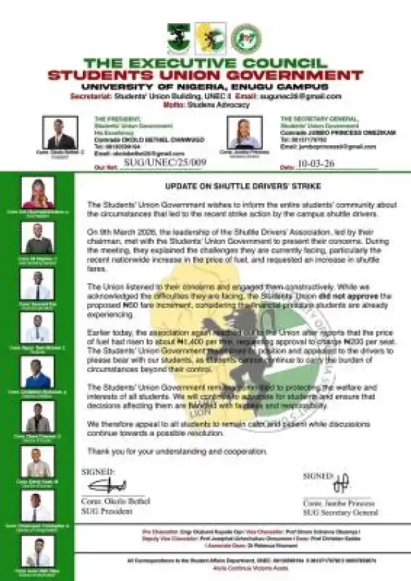 UNN SUG gives update on shuttle drivers