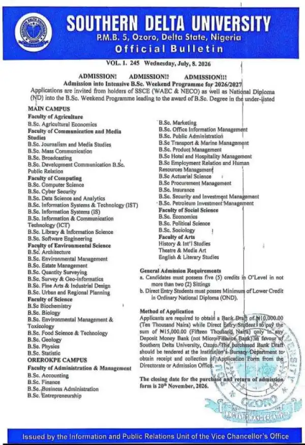 Southern Delta University Intensive B.Sc. Weekend Programme Admission form, 2026/2027