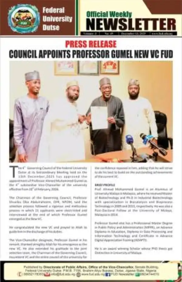 FUD Governing Council Appoints Professor Ahmad Mohammed Gumel as New Vice-Chancellor