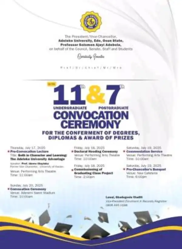 Adeleke University announces 11th Undergraduate & 7th Postgraduate Convocation Ceremony