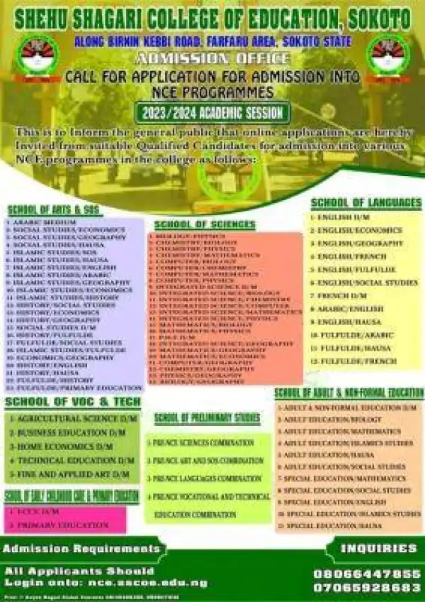 Shehu Shagari COE releases NCE admission form, 2023/2024