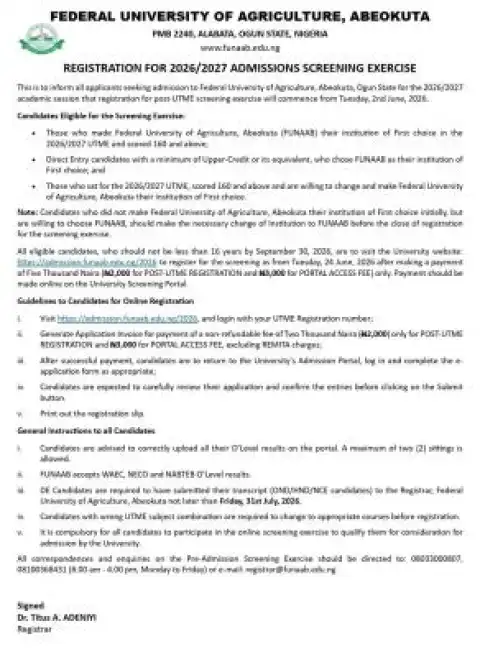 ABU Zaria notice on commencement of 2nd semester, 2025/2026