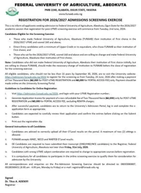 ABU Zaria notice on commencement of 2nd semester, 2025/2026